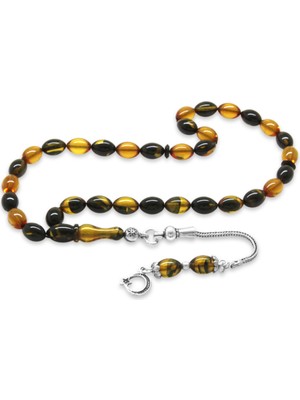 Tesbihname 925 Ayar Gümüş Püsküllü Bilek Boy Arpa Kesim Sarı-Siyah Ateş Kehribar Tesbih