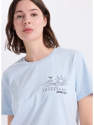 Jeep Bisiklet Yaka Baskılı Mavi Kadın T-Shirt J6SL-TST7181