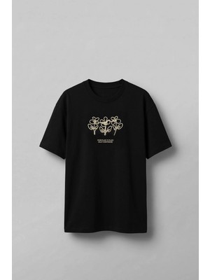 Abluka Online Erkek Oversize Çiçek Nakışlı T-Shirt Siyah