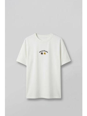 Abluka Online Erkek Oversize Minimal Çiçek Nakışlı T-Shirt Beyaz