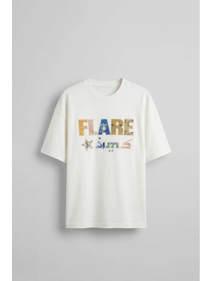 Abluka Online Erkek Oversize Patchwork Nakışlı T-Shirt Ekru