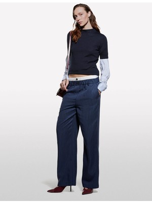 Sisley Liyosel Karışımlı Kontrastlı Yüksek Bel Pantolon Kadın Siyah Pantolon - 325A4GNKLF07H