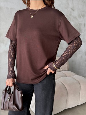 Bejna Kadın Dantel Kollu Oversize Modal Dokulu Tişört