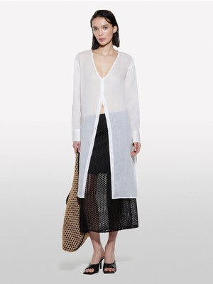 Sisley %100 Rami Manşetli V Yaka Uzun Gömlek Kadın Beyaz Gömlek - 325P5XJZLQ096