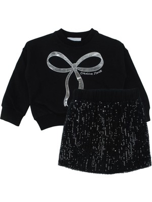 by BebekOdam Kız Çocuk Siyah Parlak Fiyonk Desenli Payet Etekli 2'li Takım - 1016612