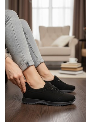 Enoch Hakiki Deri Siyah ve Esnek Tekstil Kombinli Taş Detaylı Ortopedik Sneaker