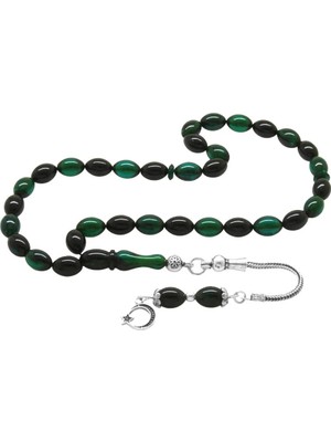 925 Ayar Gümüş Püsküllü Arpa Kesim Bilek Boy Turkuaz-Siyah Ateş Kehribar Tesbih