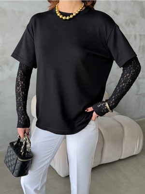 Bejna Kadın Dantel Kollu Oversize Modal Dokulu Tişört