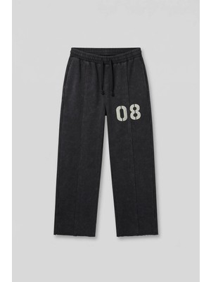 Abluka Online Erkek Baggy Fit Vintage Yıkamalı 08 Baskılı Eşofman Altı Siyah