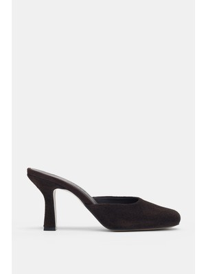 Selin Shoes Velmira Hakiki Deri Ön Kapalı Topuklu Kadın Terlik- Kahve Süet