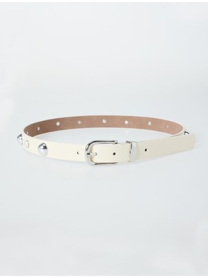 Jimmy Key Ekru Deri Görünümlü Inci Detaylı Kemer