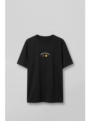 Abluka Online Erkek Oversize Minimal Çiçek Nakışlı T-Shirt Siyah