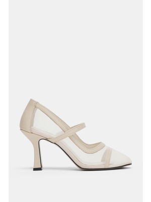 Selin Shoes Velensa Lastikli Küt Burun Kadın Topuklu Ayakkabı- Ekru
