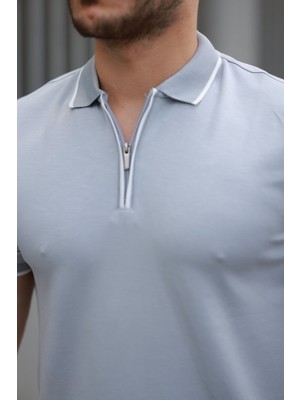 Gacha Erkek Fermuar Yakalı Çizgi Detaylı Kısa Kollu Tişört