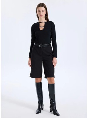 Sisley Pamuk Karışımlı Metal Detaylı Uzun Kollu Jarse T-Shirt Kadın Siyah T-Shirt - 325A374SL108A