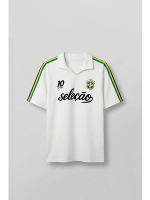 Abluka Online Erkek Regular Fit Nakış Detaylı Polo Yaka Forma T-Shirt Ekru