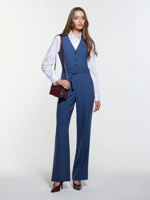 Sisley Astarı %100 Pamuk Önü Düğmeli Kemerli V Yaka Tulum Kadın Haki Yeşili Tulum - 325A41NDLT00P