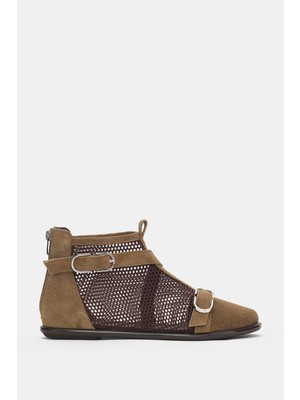 Selin Shoes Vario File Detay Çift Toka Aksesuar Arkadan Fermuarlı Kadın Ayakkabı- Koyu Vizon