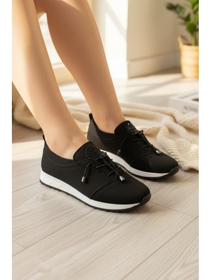 Enoch Hakiki Deri Siyah ve Esnek Tekstil Kombinli Taş Detaylı Ortopedik Sneaker