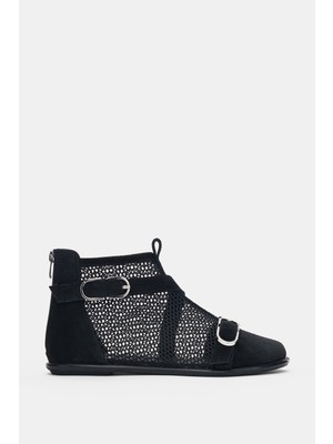 Selin Shoes Vario File Detay Çift Toka Aksesuar Arkadan Fermuarlı Kadın Ayakkabı- Siyah