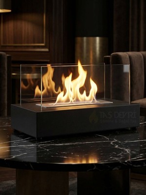 Taş Devri Şömine Serene Model Siyah Renk Masaüstü Bio Etanol Şömine