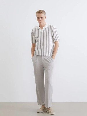 LC Waikiki Bej Polo Yaka Çizgili Penye Erkek Tişört