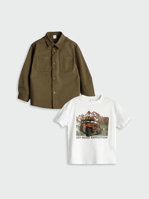 LC Waikiki Yeşil Erkek Çocuk Gabardin Gömlek ve Tişört