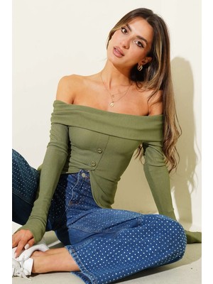 Balkan Grup Madonna Yaka Düğmeli Bluz Yeşil