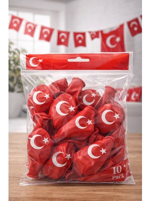 Popüler Sepet Ayyıldızlı Kırmızı Balon Seti Türk Bayraklı Parti Balonu Dayanıklı Latex Balon 10'lu Paket