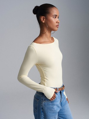 Dilvin 32549 Kayık Yaka Bodysuit-Açık Sarı