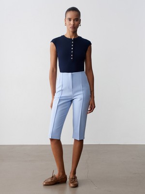 Dilvin 72649 Yırtmaçlı Kumaş Bermuda-Mavi