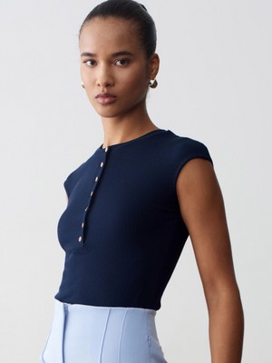 Dilvin 31887 Düğmeli Kısa Kollu Top-K.lacivert