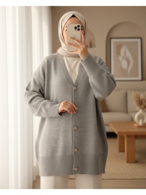 Modamorfo V Yaka Düğmeli Triko Hırka  -Gri