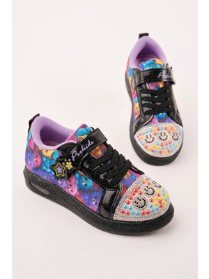 Muggo Smile Taş Detaylı Desenli Cırtlı Kız Çocuk Işıklı Günlük Sneaker Spor Ayakkabı