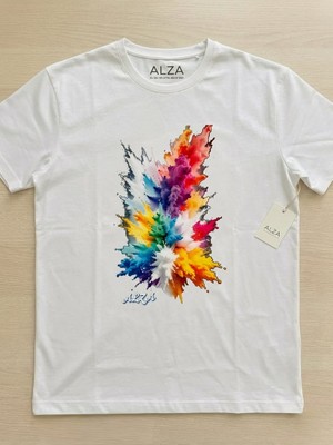 Alza Design Unisex Beyaz Renk Patlaması Grafiti Baskılı Pamuklu T-Shirt