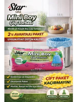 Popüler Sepet Star Plus Mini Boy Çöp Torbası 40'lı 2 Paket 40X50 cm Dayanıklı Sızdırmaz Küçük Boy Çöp Poşeti