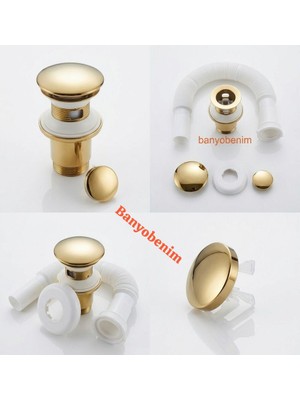 İz Yapı Iz Yapı Pop Up Sifon Taşma Delikli Porselen Kafa Gold Renk Sifon ve Gold Renk Lavabo Yüzüğü