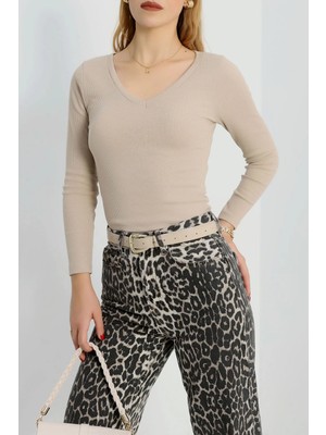 Balkan Grup V Yaka Kaşkorse Bluz Bej