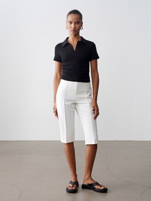 Dilvin 72649 Yırtmaçlı Kumaş Bermuda-Beyaz