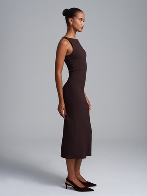 Dilvin 91099 Vücuda Oturan Midi Elbise-Koyu Kahve