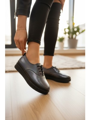 Enoch Hakiki Deri Antrasit Metalik Dokulu ve Bağcıklı Ortopedik Comfort Ayakkabı