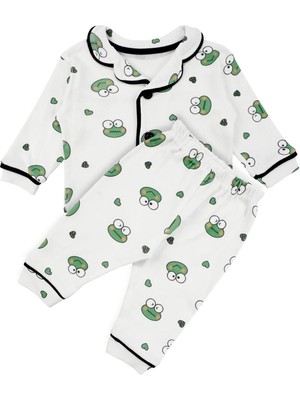 by BebekOdam Unisex Ekru Yeşil Kurbağa Desenli Kruvaze Yaka Pijama Takımı - 1016621