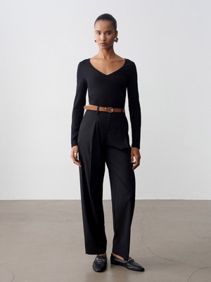 Dilvin 72661 Düz Paçalı Kemerli Pantolon-Siyah