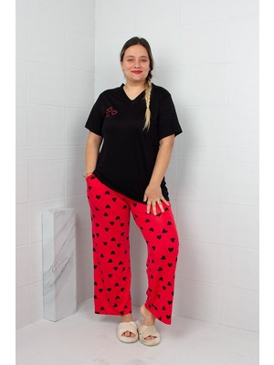 Truva Xxl Kadın Siyah V Yaka Kırmızı Kalp Baskılı Viskon Penye Pijama Takımı
