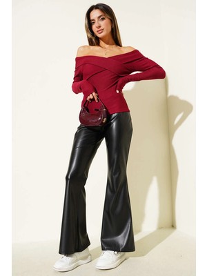 Balkan Grup Madonna Çapraz Yaka Bluz Bordo