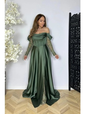 G1774 Dantel Detaylı Drapeli Maksi Saten Abiye Elbise Haki