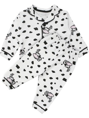 by BebekOdam Unisex Ekru Siyah Inek Desenli Kruvaze Yaka Pijama Takımı - 1016618