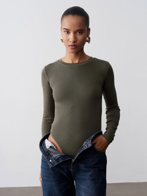 Dilvin 32695 Uzun Kollu Bodysuit-Haki