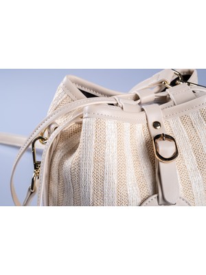 Oblavion Büzgülü Bej & Krem Çizgili Ayarlanabilir  Omuz Çantası