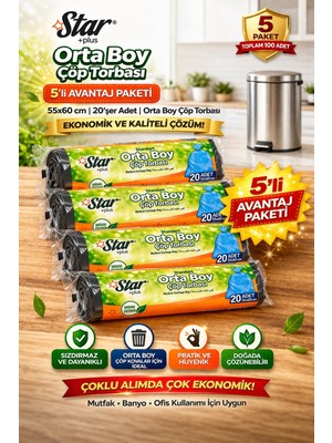 Popüler Sepet Star Plus Orta Boy Çöp Torbası 20'li 5 Paket 55X60 cm Dayanıklı Sızdırmaz Orta Boy Çöp Poşeti